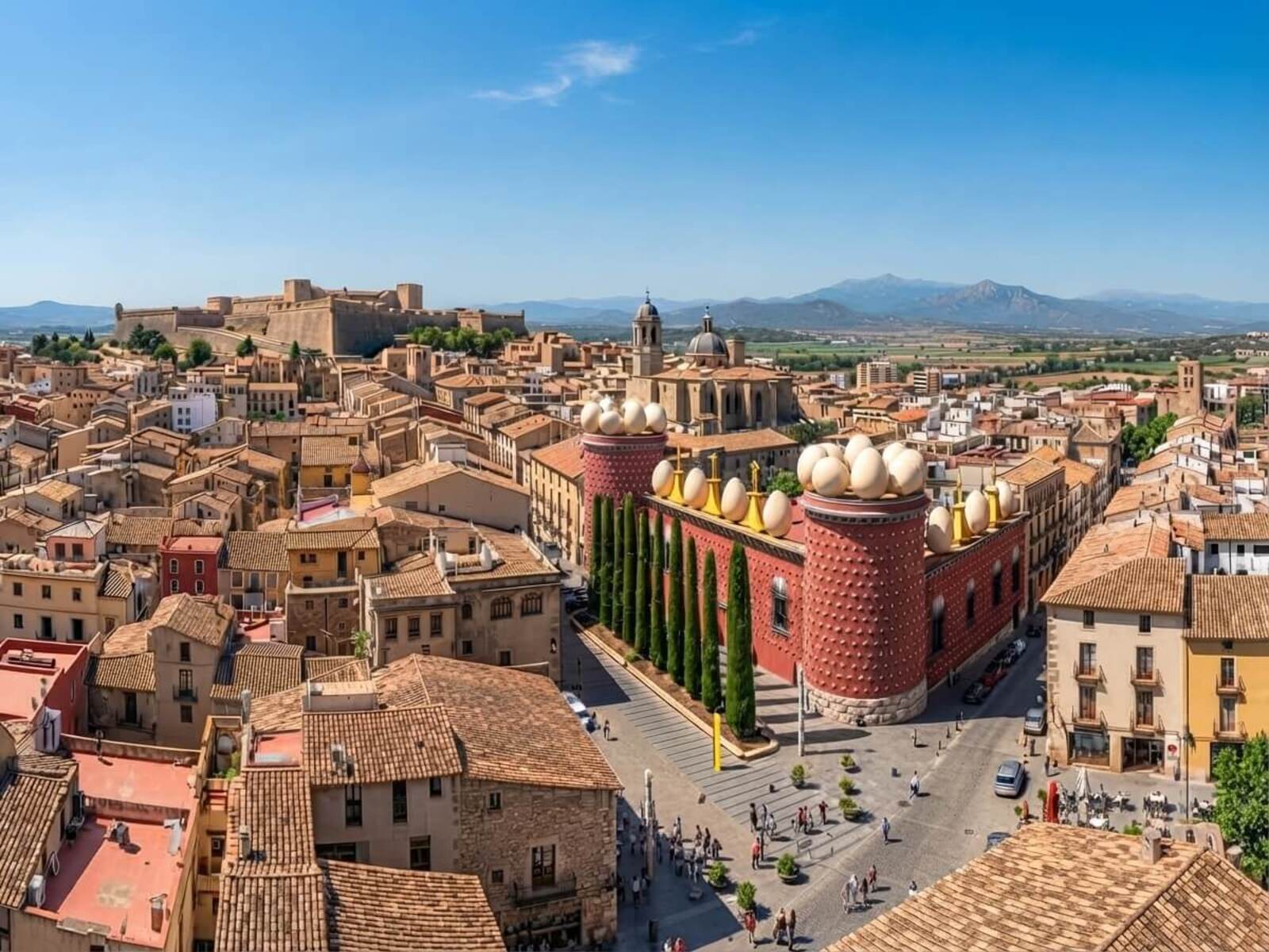 Vista aérea del centro de Figueres con el Teatre-Museu Dalí y el castillo de Sant Ferran al fondo